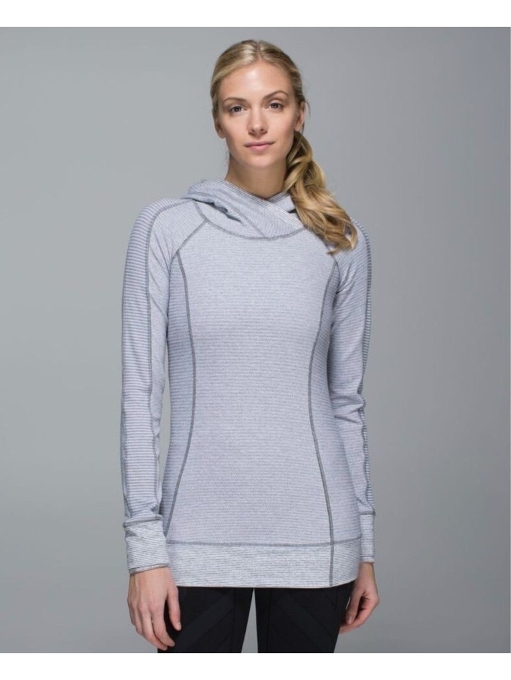 Lululemon Think Fast Hoodie Top Size 6 White Slate Heathered Stripe Check Pique